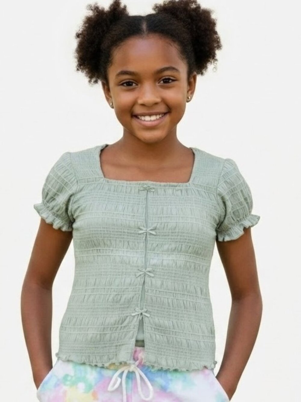 Art Class Girls sage green Crinkle Blouse Square Neck Bow Detail Size L NWT